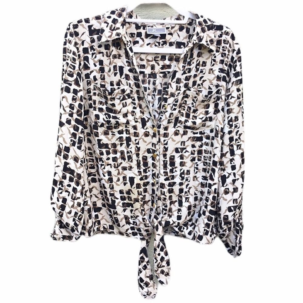 JM Collection Beulah Printed Button Down Tie Bottom Blouse